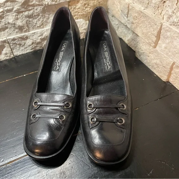 Via Spiga Square Toe Leather Black Heels Sz 9 Made in Italy Vintagr 90s - Picture 2 of 11